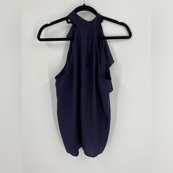 Parker Women’s Halter Neck Sleeveless Ruffle Front Blouse size L Navy Blue - Picture 3 of 3